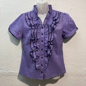 Vintage Engino Button Down Shirt Ruffles Short Sleeve Top Y2K Purple Shiny XXL